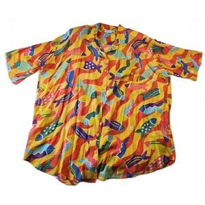 VTG 90s La Cera Women's 2X Blouse Colorful Fish Print Hawaiian Cotton